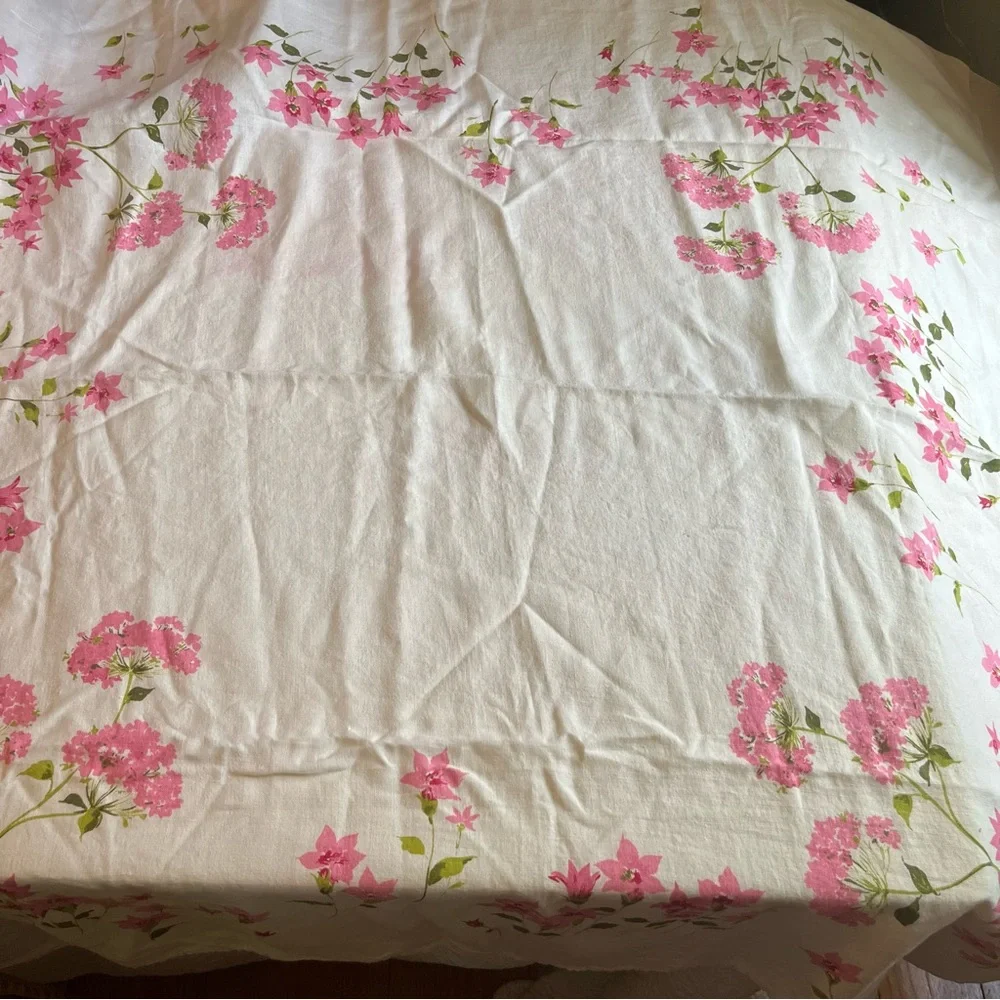 Vintage Linen Square Tablecloth with Pink Flowers